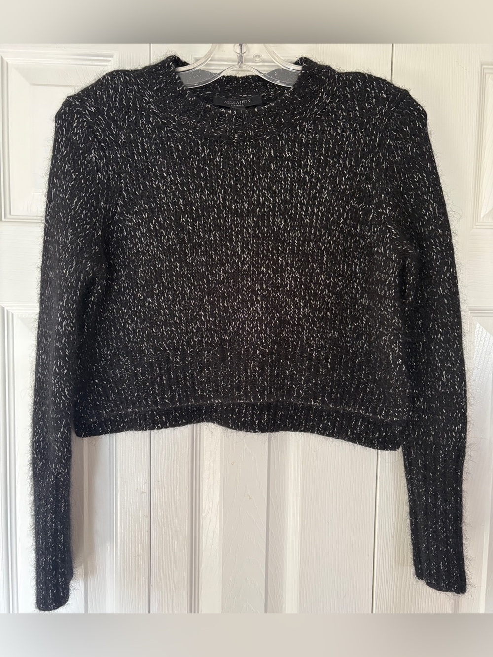 AllSaints Wool Alpaca Ridley Cropped Sparkle Knit Black Silver Sweater XSmall XS